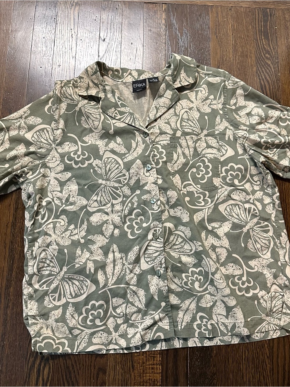Erika Sage Green and Cream Butterfly Floral Print Button-Down Top
